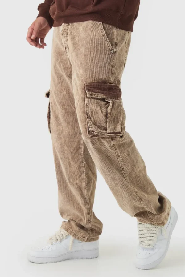 boohooMAN Acid Wash Cord Relaxed Fit Cargo Trousers | Trousers | Cargo Trousers