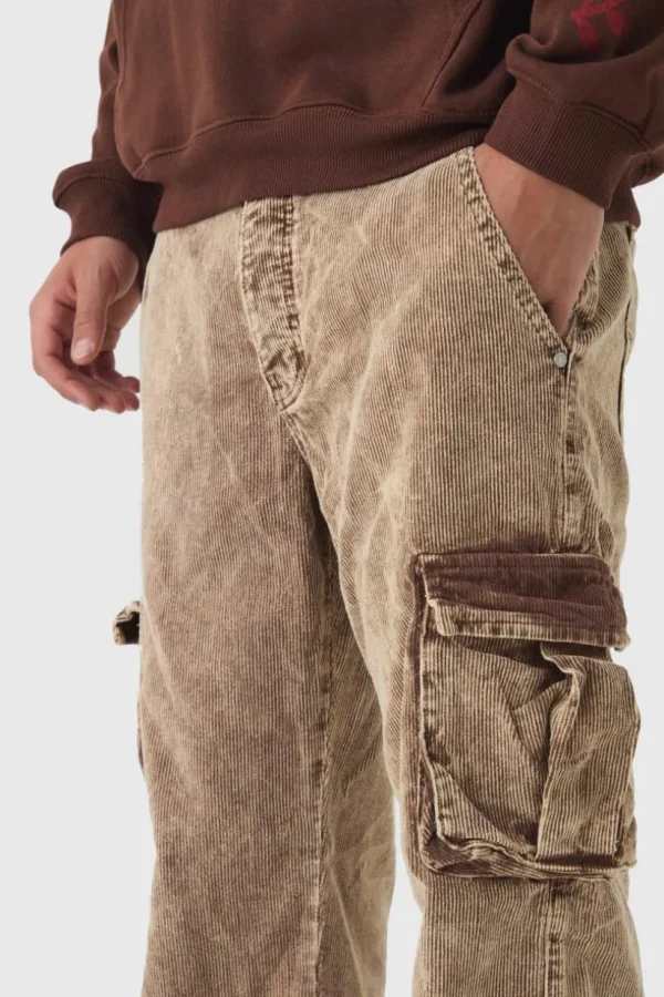 boohooMAN Acid Wash Cord Relaxed Fit Cargo Trousers | Trousers | Cargo Trousers