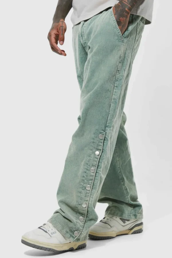 boohooMAN Acid Wash Relaxed Fit Popper Corduroy Trousers | Trousers