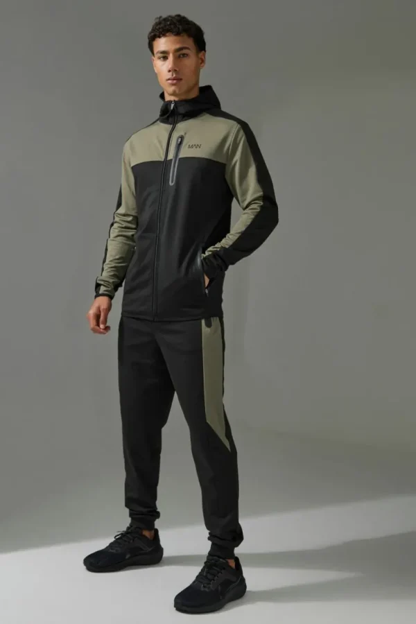 boohooMAN Active Colour Block Funnel Hooded Tracksuit | Gym Tracksuits | Gym Clothes