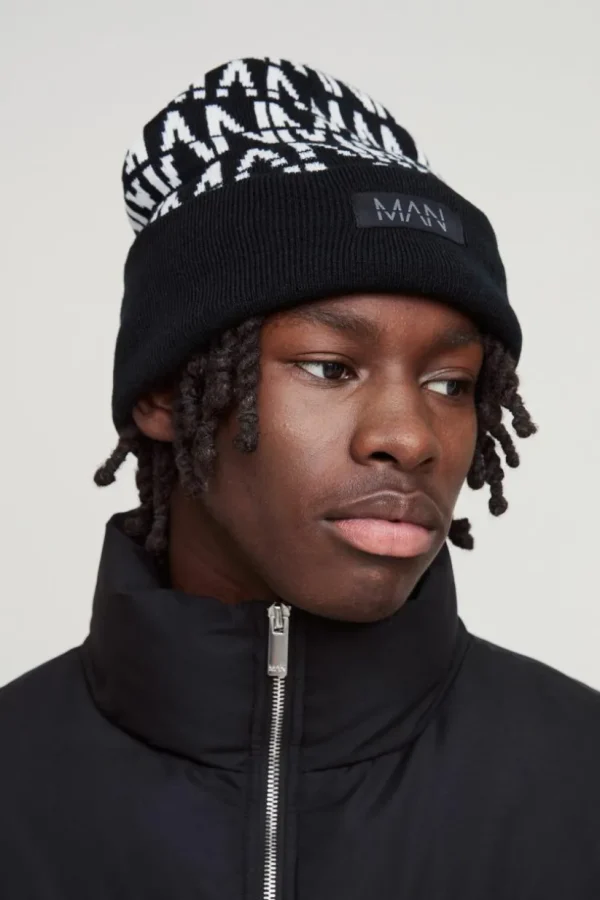 boohooMAN All Over Contrast Man Dash Beanie | Hats & Caps