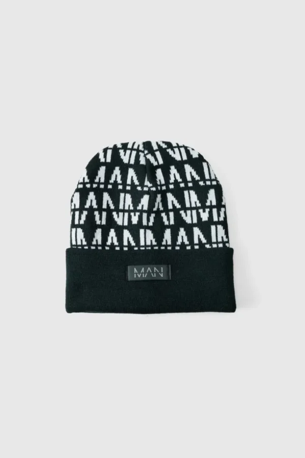 boohooMAN All Over Contrast Man Dash Beanie | Hats & Caps