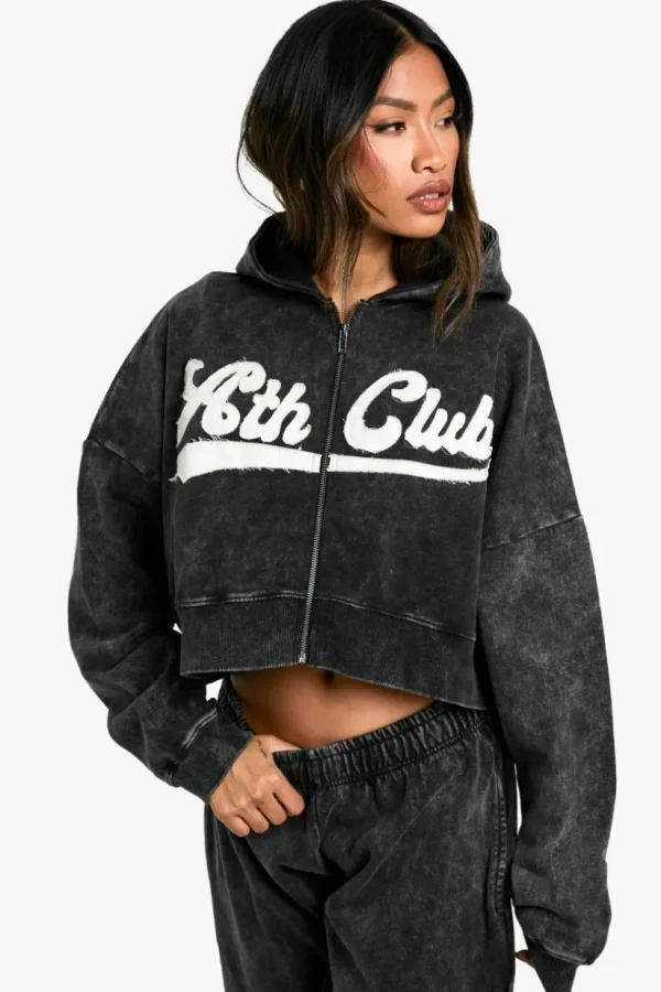 boohoo Ath Club Acid Wash Boxy Crop Zip Through Hoodie | Women Shirts | Foundation