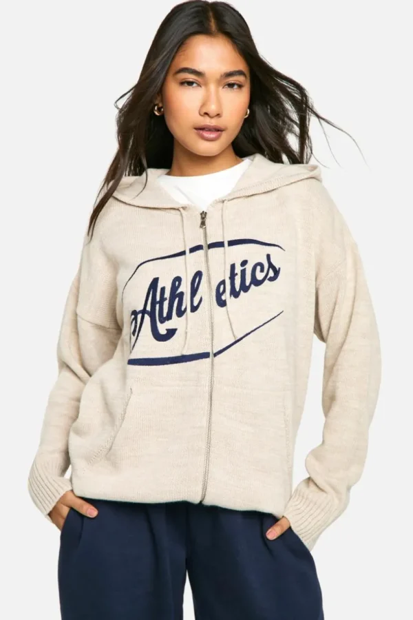 boohoo Athletics Embroidered Zip Through Oversized Knitted Hoody | Women Shirts | Foundation