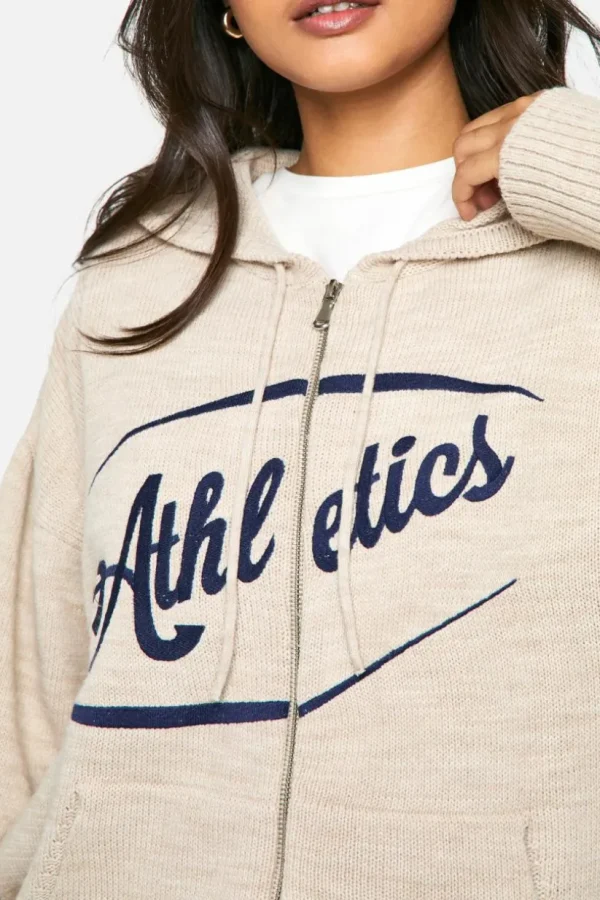 boohoo Athletics Embroidered Zip Through Oversized Knitted Hoody | Women Shirts | Foundation