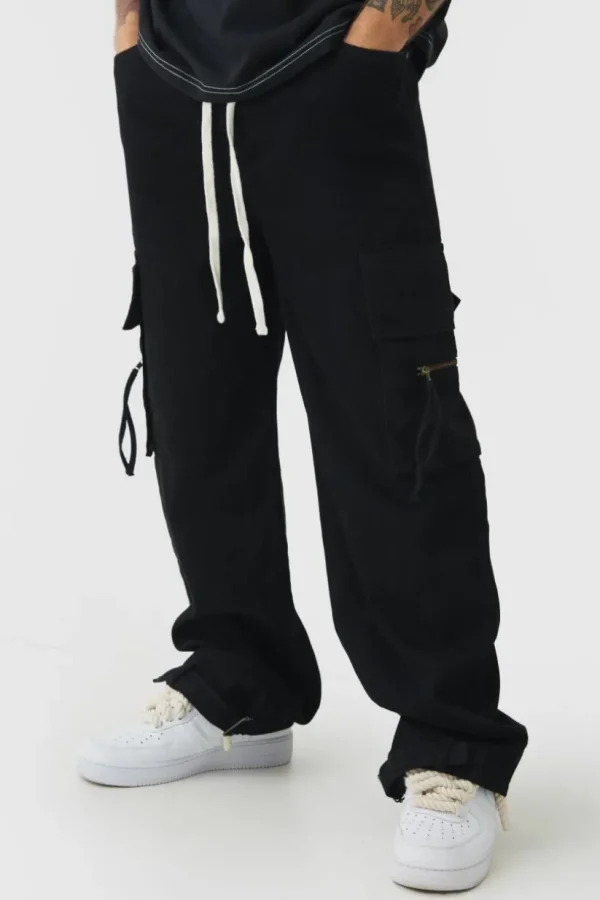 boohooMAN Baggy Fit Elasticated Waist Extended Drawcord Cargo Trousers | Trousers | Cargo Trousers