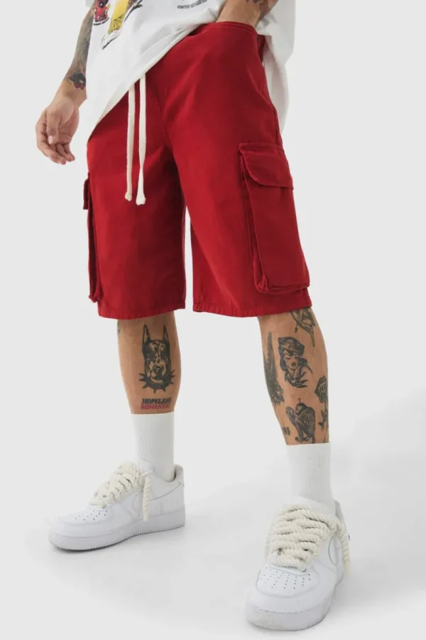 boohooMAN Baggy Fit Elasticated Waist Extended Drawcord Cargo Shorts | Shorts