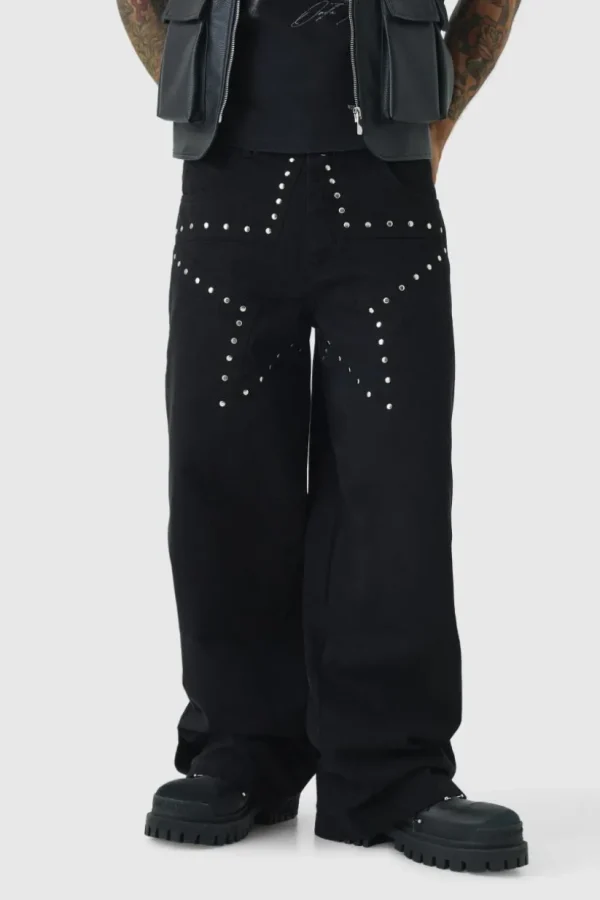 boohooMAN Baggy Fit Rigid Star Studded Jeans | Denim | Going Out Denim