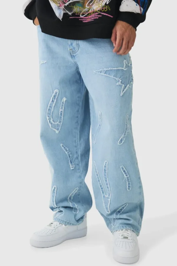 boohooMAN Baggy Rigid All Over Raw Edge Applique Jeans | Jeans