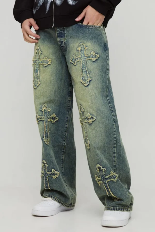 boohooMAN Baggy Rigid Cross Applique Denim Jeans | Denim | Going Out Denim