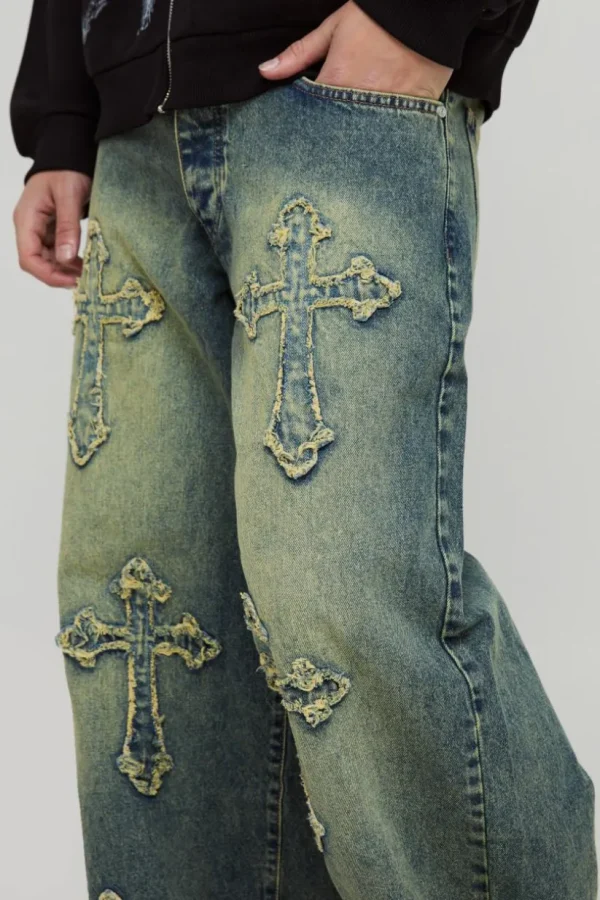 boohooMAN Baggy Rigid Cross Applique Denim Jeans | Denim | Going Out Denim