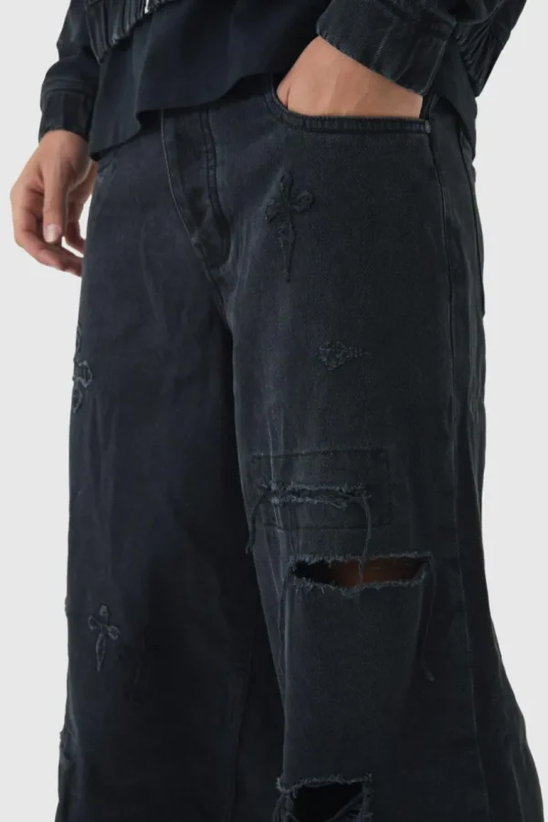 boohooMAN Baggy Rigid Cross Applique Denim Jeans | Denim | Going Out Denim