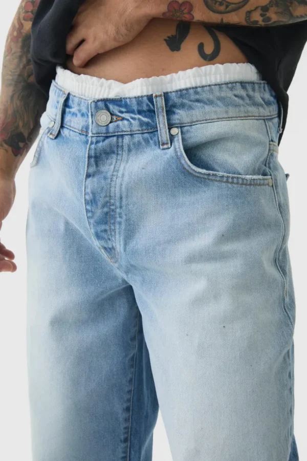 boohooMAN Baggy Rigid Double Waistband Denim Jeans In | Denim | Going Out Denim