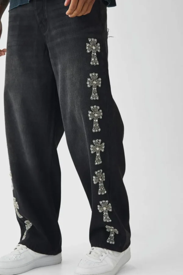 boohooMAN Baggy Rigid Embellished Cross Jeans | Denim | Going Out Denim