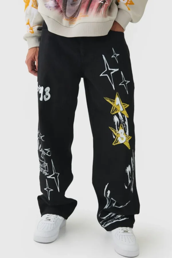 boohooMAN Baggy Rigid Graffiti Printed Jeans | Jeans