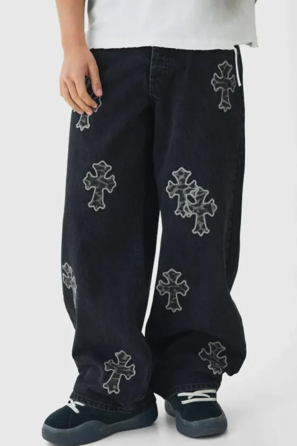 boohooMAN Baggy Rigid Leopard Cross Applique Denim Jeans | Denim | Going Out Denim