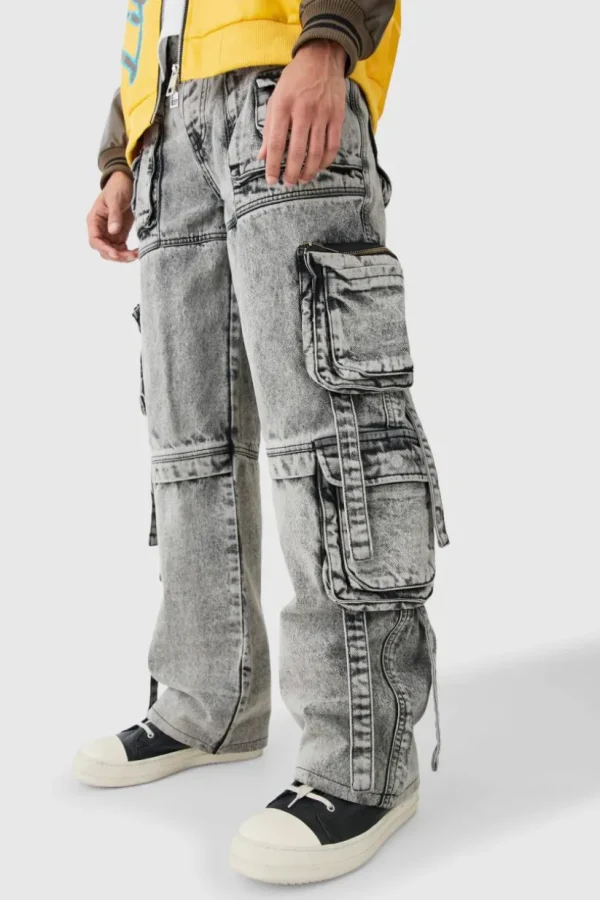 boohooMAN Baggy Rigid Multi Cargo Pocket Strap Detail Acid Wash Jeans | Denim | Going Out Denim