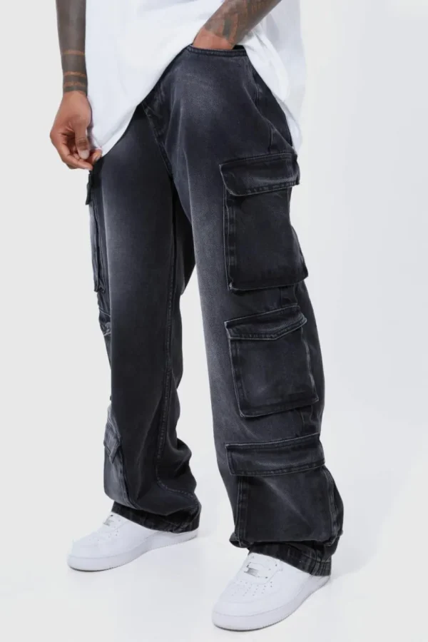 boohooMAN Baggy Rigid Multi Pocket Cargo Bleached Jeans | Trousers | Denim