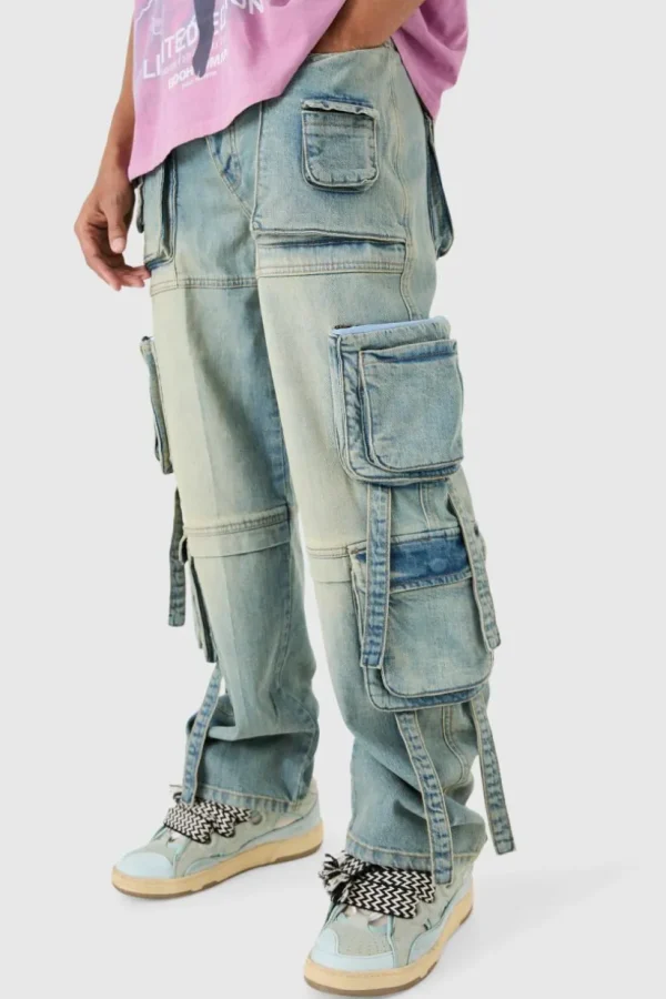 boohooMAN Baggy Rigid Multi Pocket Cargo Strap Denim Jean In | Denim | Going Out Denim