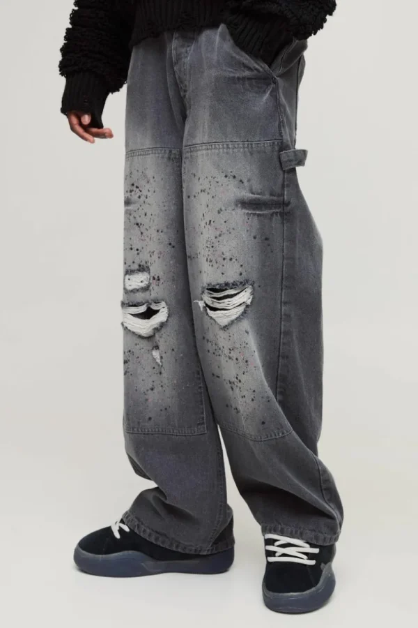 boohooMAN Baggy Rigid Paint Splatter Carpenter Denim Jeans | Denim | Going Out Denim