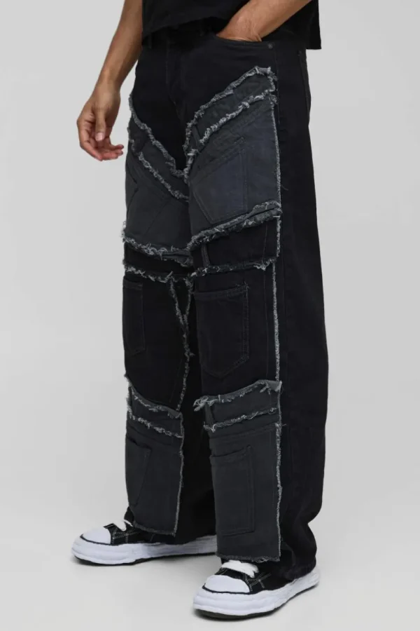 boohooMAN Baggy Rigid Patchwork Waistband Detail Jean In Black | Denim | Going Out Denim