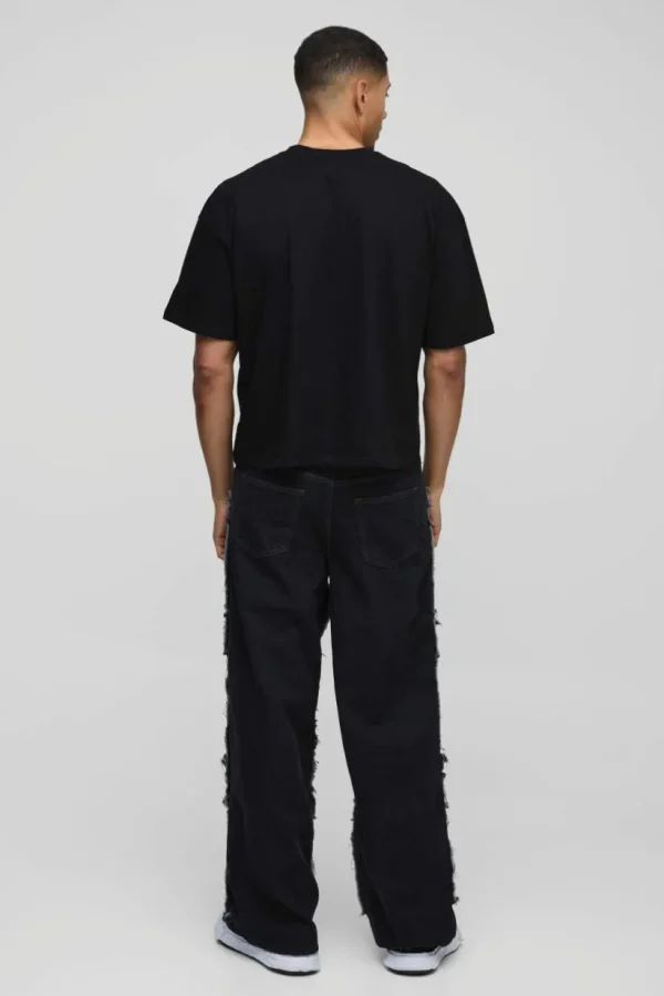 boohooMAN Baggy Rigid Patchwork Waistband Detail Jean In Black | Denim | Going Out Denim