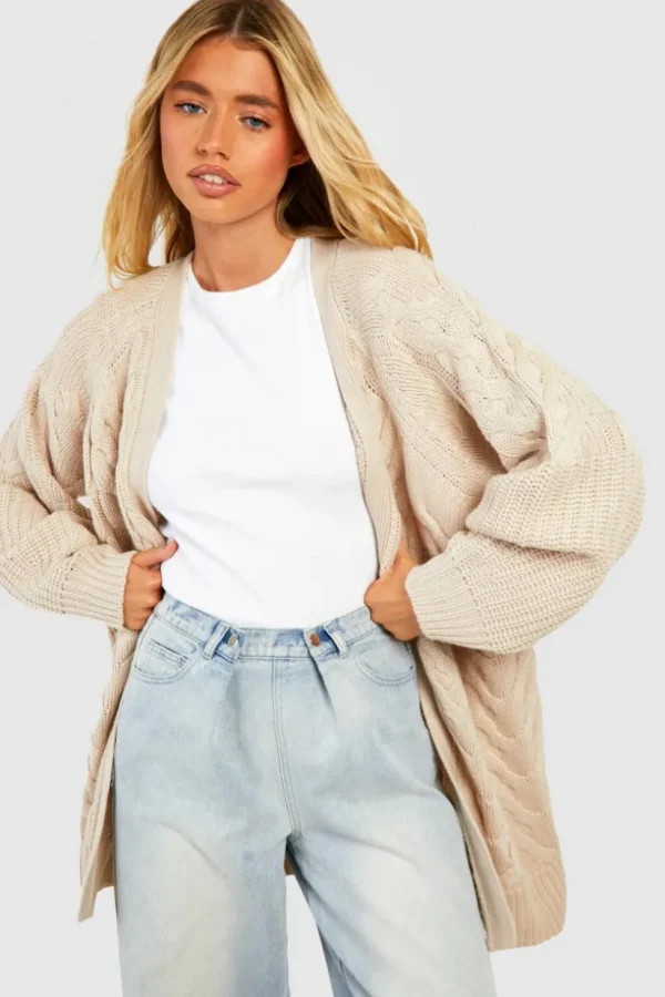 boohoo Balloon Sleeve Mixed Cable Knitted Cardigan | Women Shirts | Foundation