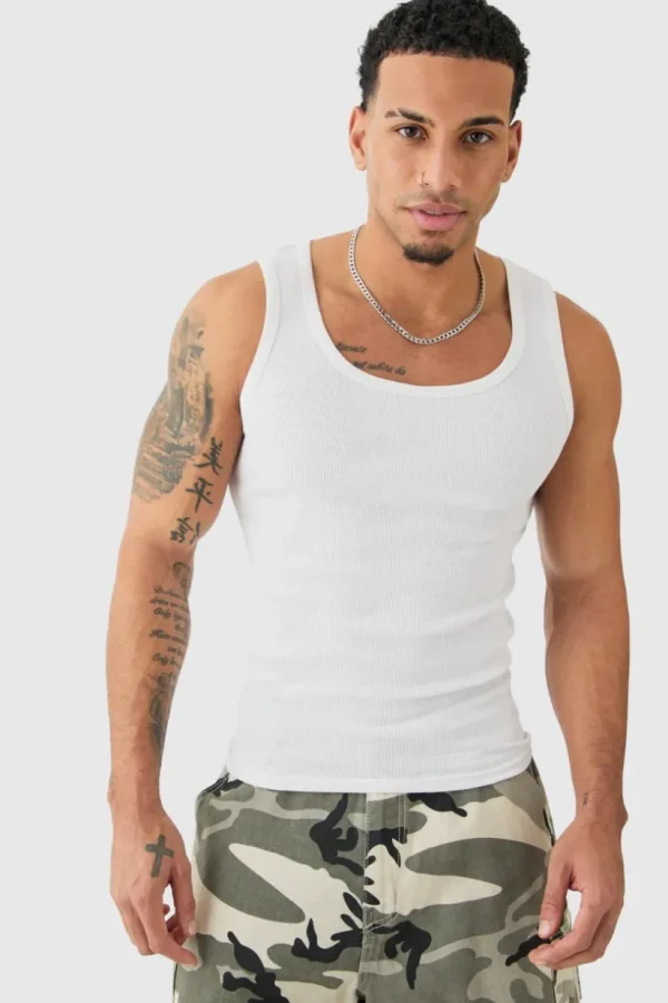 boohooMAN Basic Muscle Fit Ribbed Vest | T-Shirts