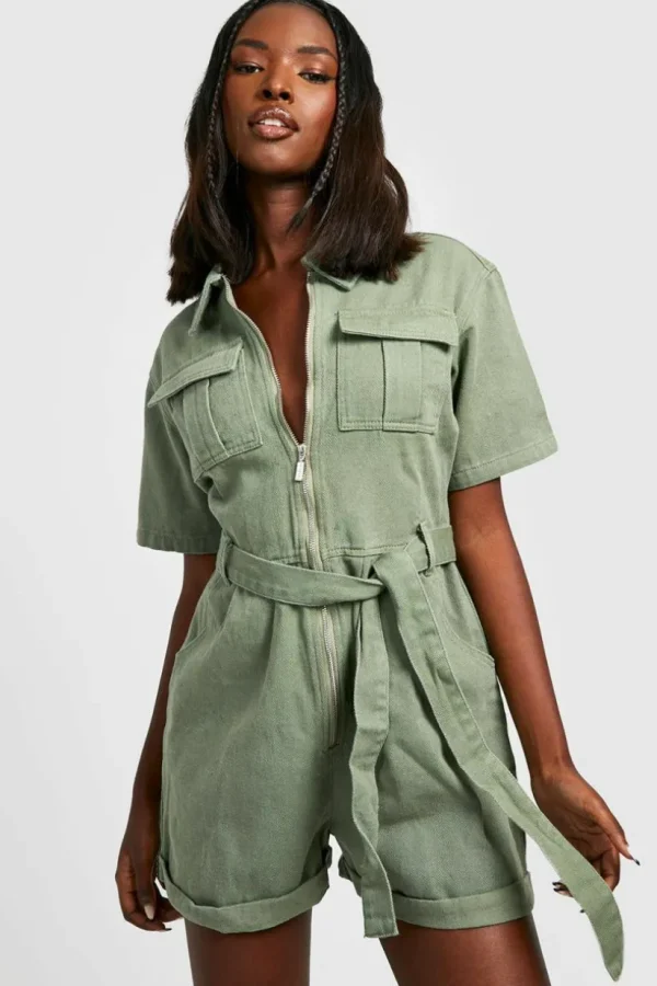 boohoo Belted Cargo Denim Playsuit | Women Shirts | Foundation