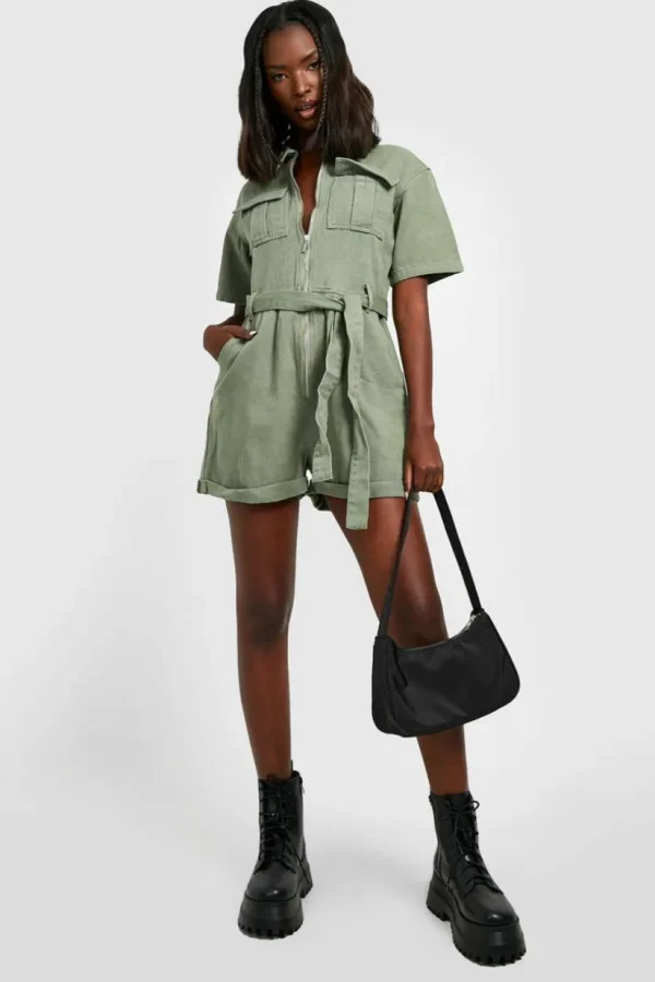 boohoo Belted Cargo Denim Playsuit | Women Shirts | Foundation