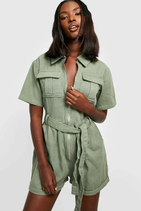 boohoo Belted Cargo Denim Playsuit | Women Shirts | Foundation