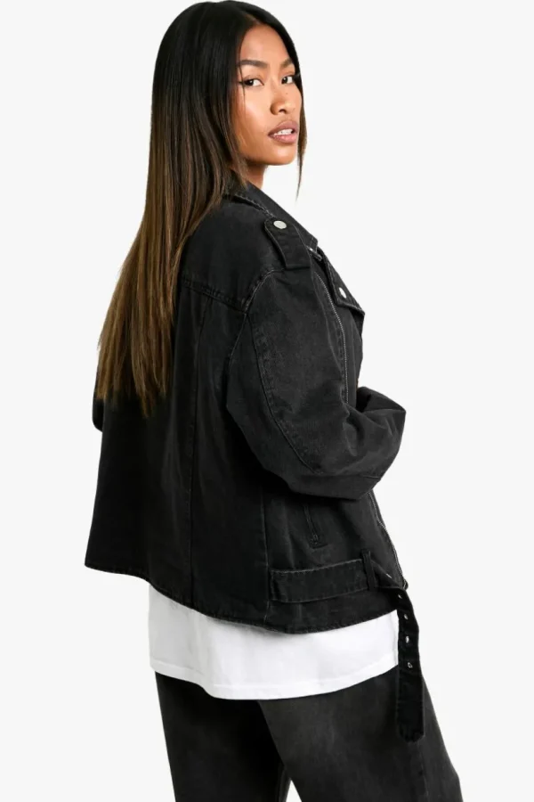 boohoo Belted Denim Biker Jacket | Women Shirts | Foundation