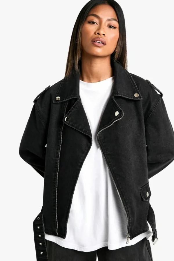 boohoo Belted Denim Biker Jacket | Women Shirts | Foundation