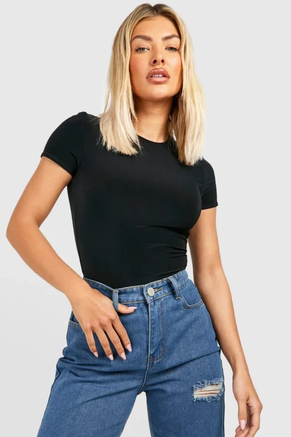 boohoo Double Layer Slinky Short Sleeve Bodysuit | Women Shirts | Foundation