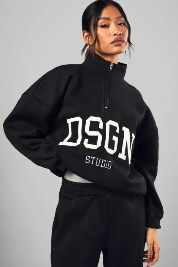 boohoo Dsgn Studio Half Zip Applique Oversized Sweatshirt | Women Shirts | Foundation