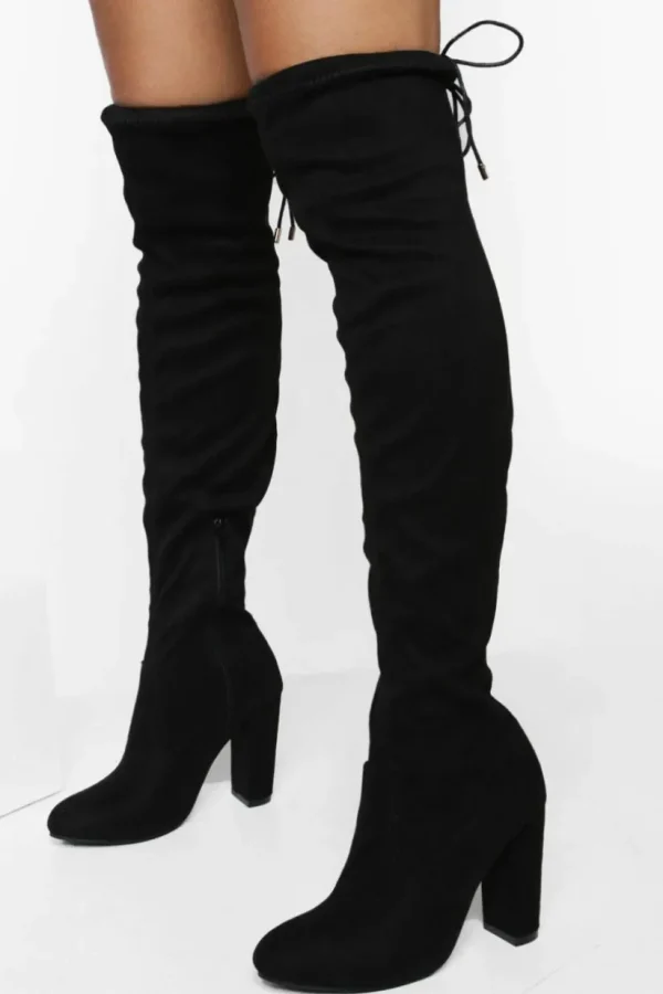 boohoo Block Heel Tie Faux Suede Thigh High Boots | Women Shirts | Foundation