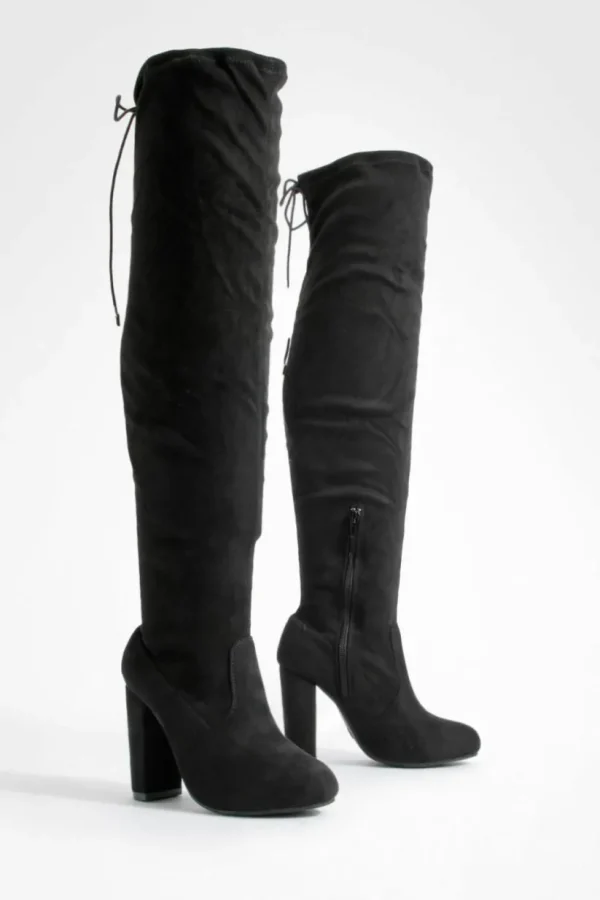 boohoo Block Heel Tie Faux Suede Thigh High Boots | Women Shirts | Foundation