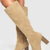 boohoo Block Wooden Heel Faux Suede Knee High Boots | Women Shirts | Foundation