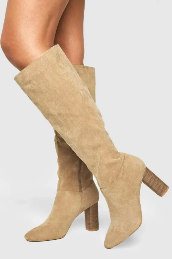 boohoo Block Wooden Heel Faux Suede Knee High Boots | Women Shirts | Foundation