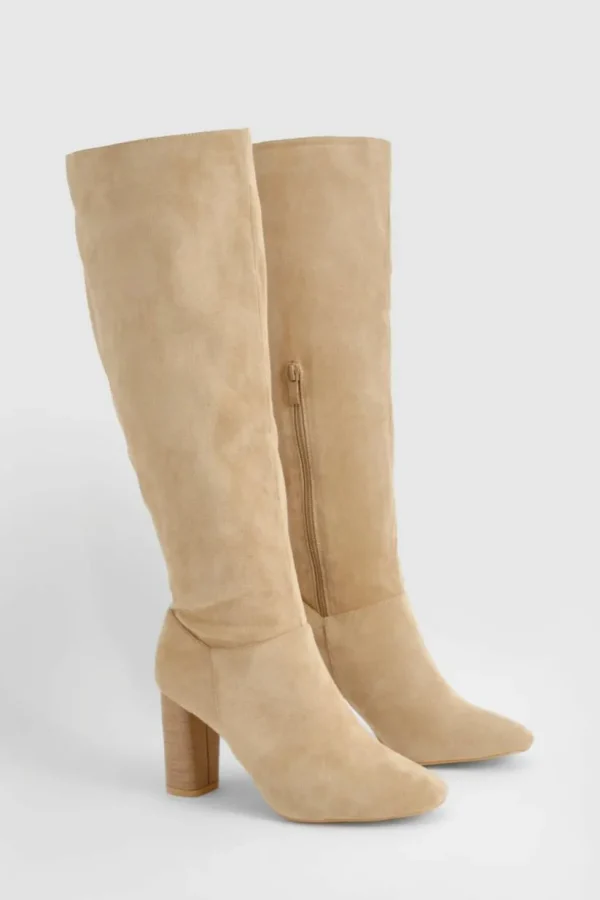 boohoo Block Wooden Heel Faux Suede Knee High Boots | Women Shirts | Foundation