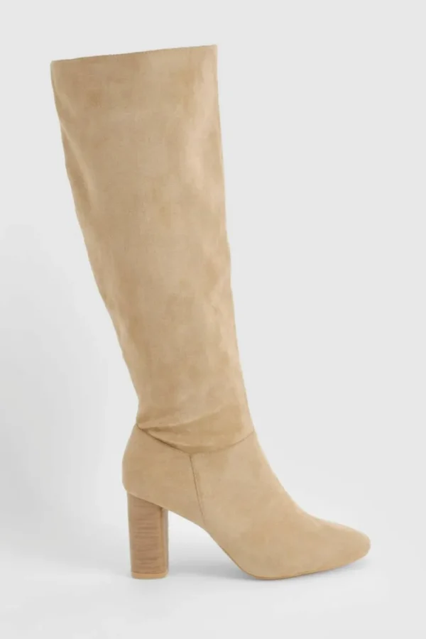 boohoo Block Wooden Heel Faux Suede Knee High Boots | Women Shirts | Foundation