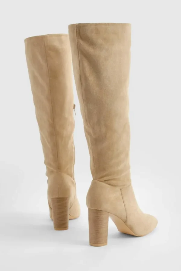 boohoo Block Wooden Heel Faux Suede Knee High Boots | Women Shirts | Foundation