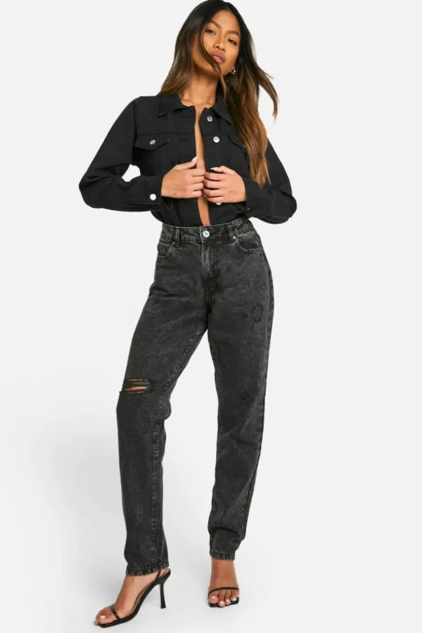 boohoo Basics 32 Inch Leg High Waisted Ripped Mom Jeans | Women Shirts | Foundation