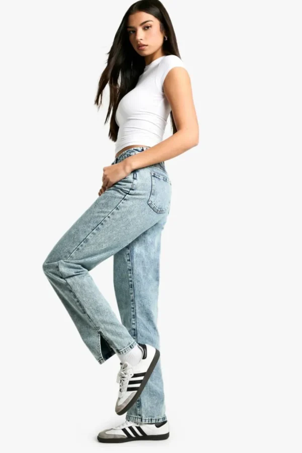 boohoo Basics High Waisted Split Hem Straight Leg Jeans | Women Shirts | Foundation