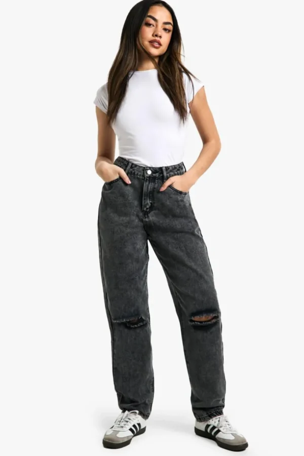 boohoo Basics Ripped Knee Straight Leg Jeans | Women Shirts | Foundation