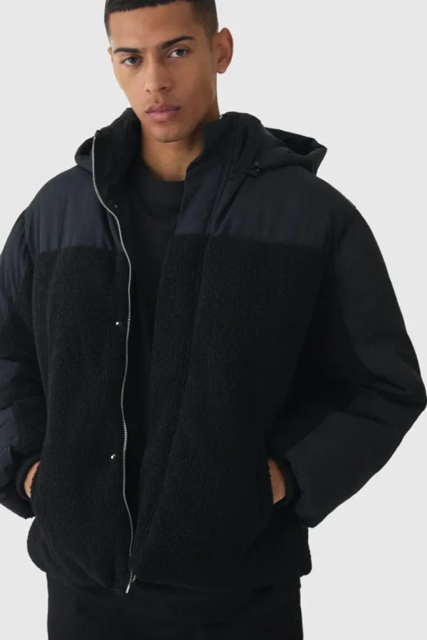 boohooMAN Borg And Nylon Padded Coat With Detachable Hood In | Man | Coats & Jackets