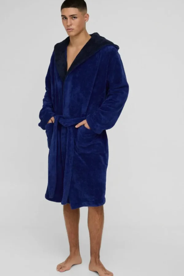 boohooMAN Borg Lined Hooded Dressing Gown | Loungewear