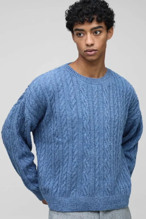 boohooMAN Boucle Cable Knit Boxy Jumper | Knitwear | Going Out Knitwear