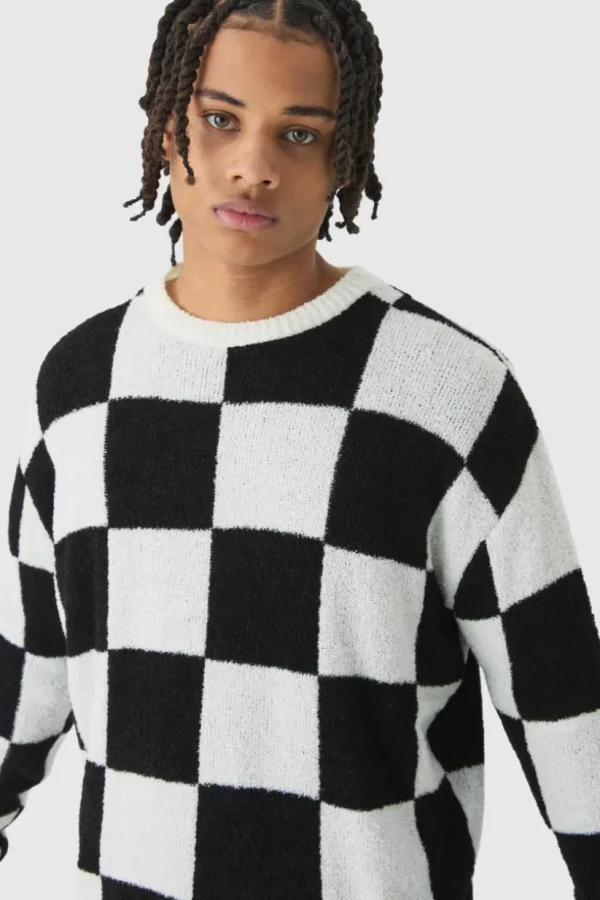 boohooMAN Boucle Knit Checkered Crew Neck Jumper | Knitwear | Going Out Knitwear