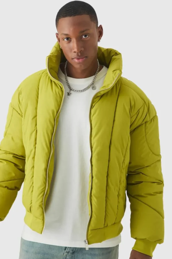 boohooMAN Boxy Abstract Quilted Funnel Neck Puffer In | Man | Coats & Jackets